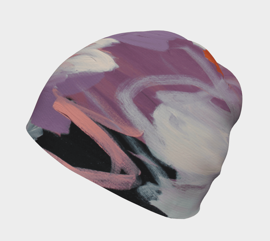 A purple, pink, and white abstract art pattern covers this women&