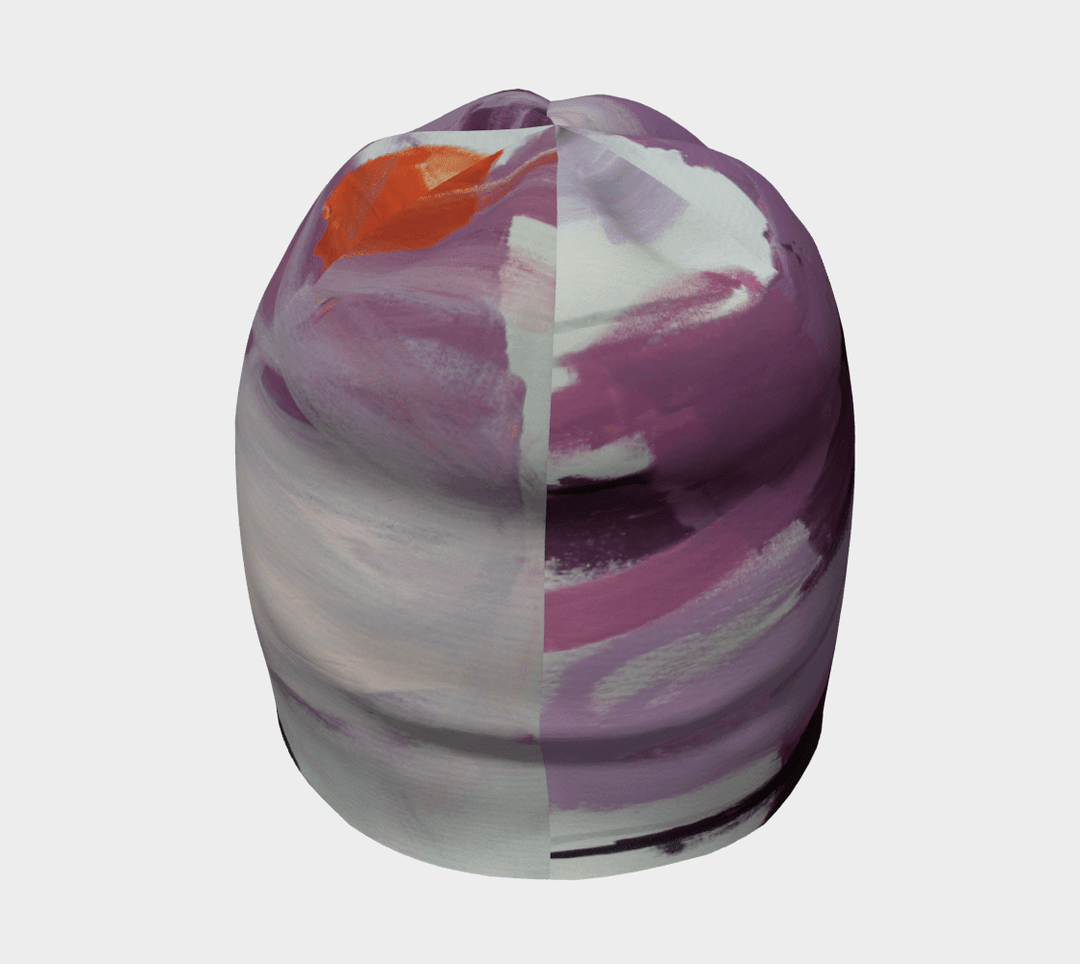 Close-up of the purple, pink, and white abstract art pattern on a women&