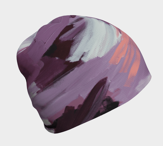 A purple, pink, and white abstract art pattern covers this women&
