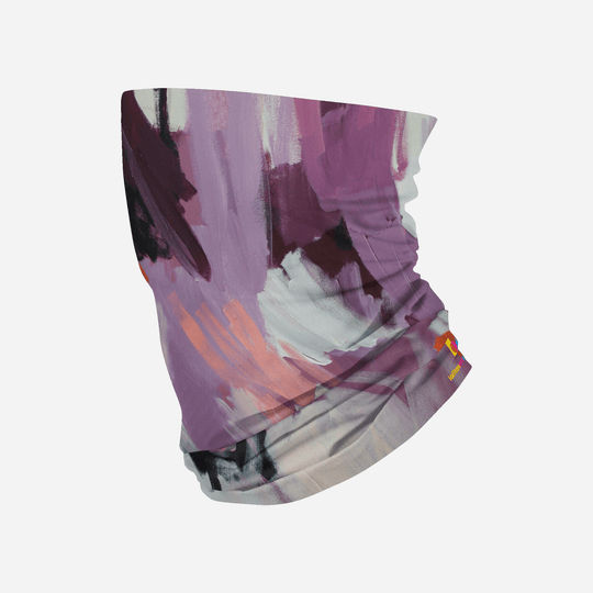 A tubular fabric accessory with a painted floral design in shades of purple and pink, shown from the front.