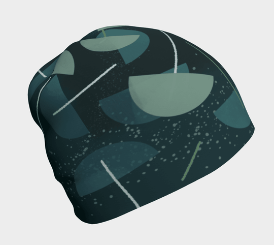 Unisex beanie with a dark background featuring a teal, green, and gray abstract umbrella pattern.