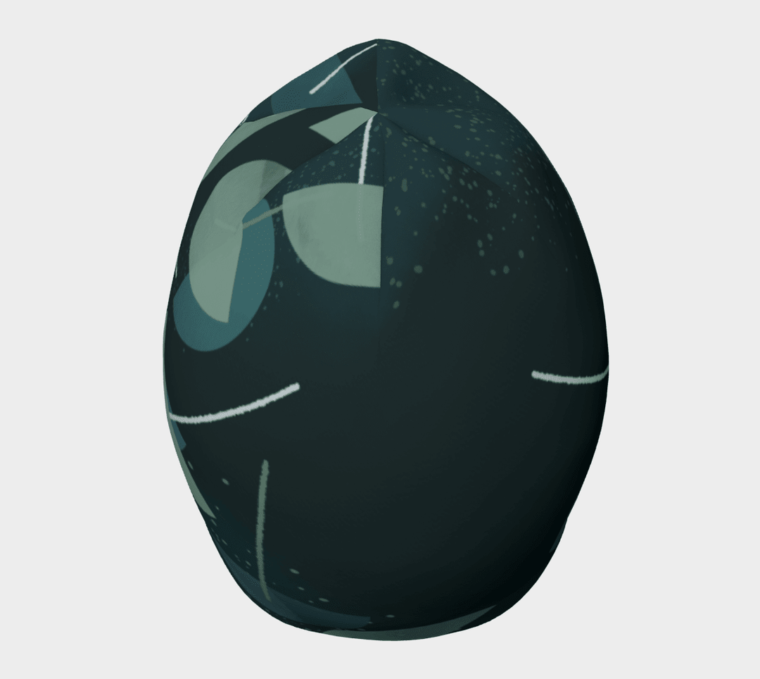 Angled view of the unisex teal abstract pattern beanie, emphasizing its soft, comfortable fit.