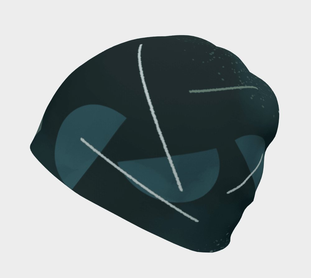 Back view of a unisex beanie showcasing a dark teal base with abstract green umbrella shapes and white lines.