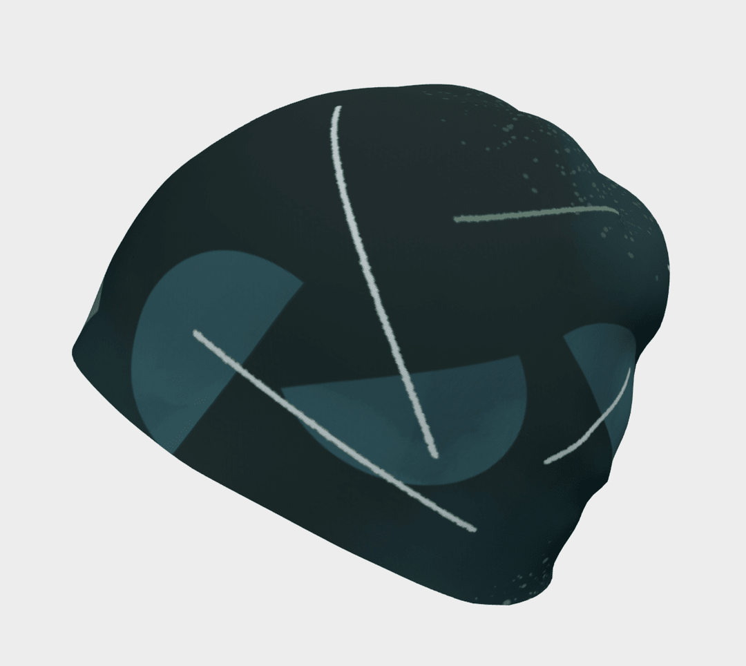Back view of a unisex beanie showcasing a dark teal base with abstract green umbrella shapes and white lines.