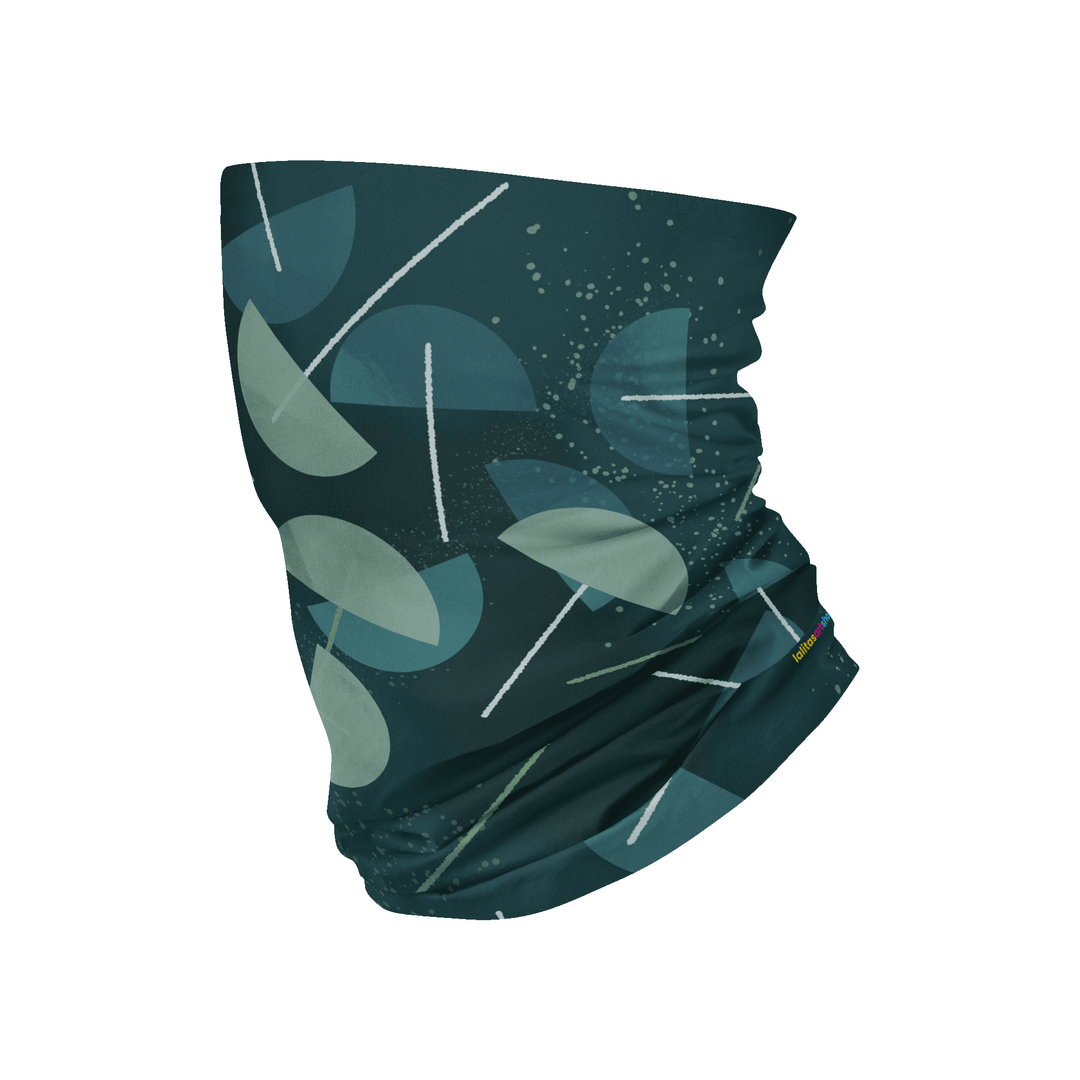 Dark teal neck gaiter with abstract geometric pattern in light teal and white lines