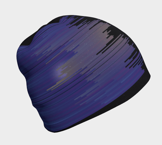Side view of the Unisex "Black War" Beanie, highlighting its purple and blue abstract stripe design.