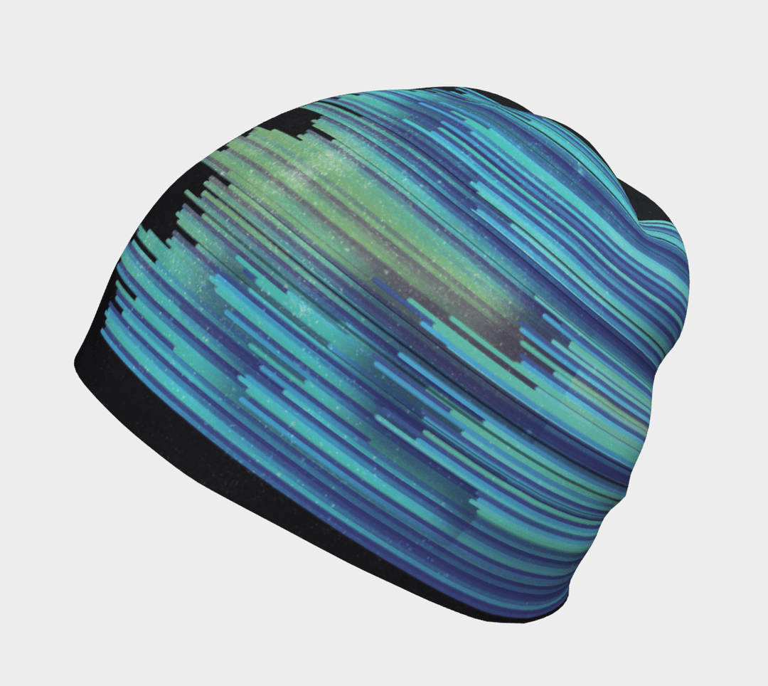Close-up of the Unisex "Black War" Beanie, showcasing its blue and green abstract stripe pattern.