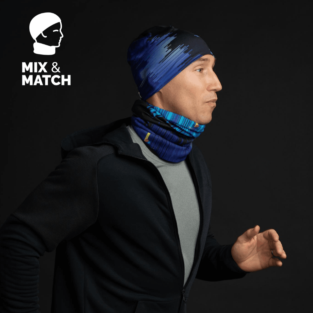 Model wearing the "Black War" beanie and matching neck gaiter for a run, demonstrating mix and match.