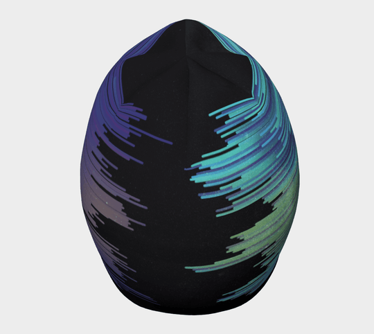 Back view of the Unisex "Black War" Beanie, displaying the abstract digital art design with streaks of colour.