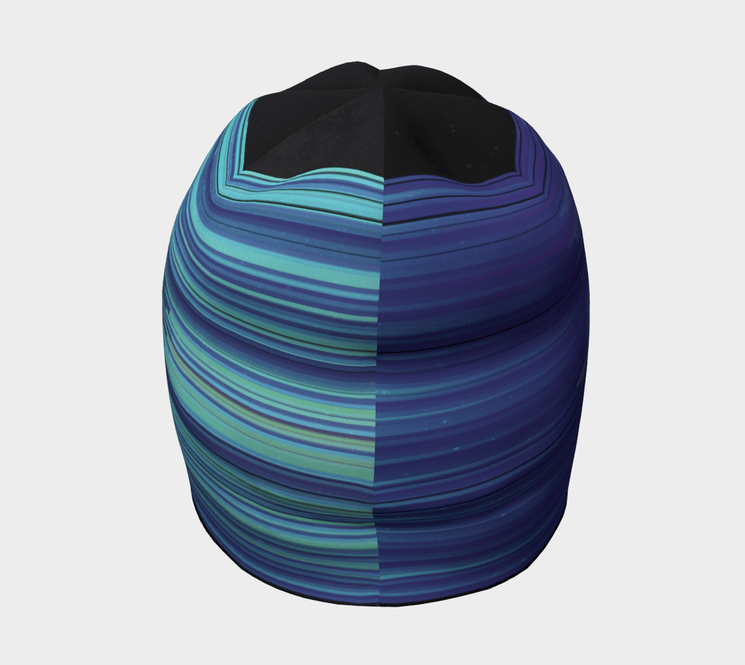 Top-down view of the Unisex "Black War" Beanie, revealing the gradient stripe pattern from blue to purple.