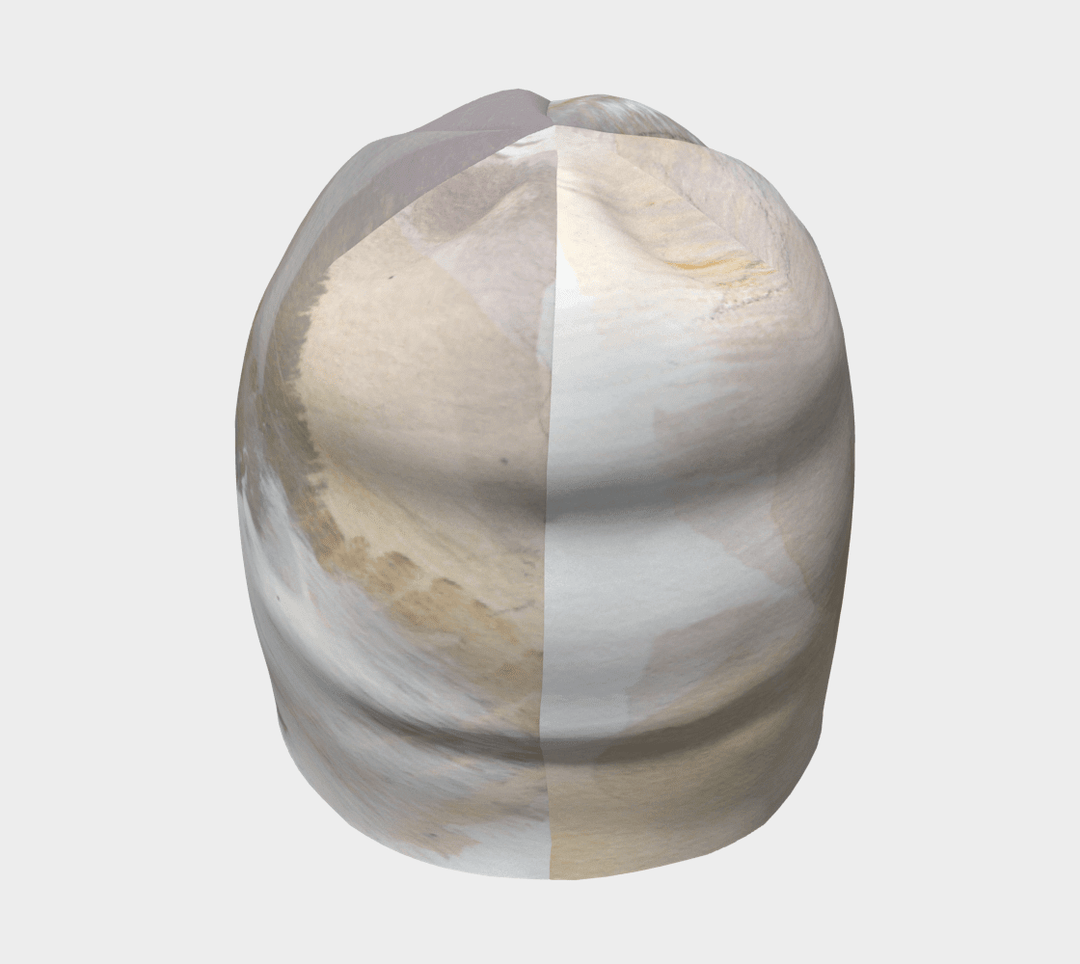 Front view of the Unisex Sand Beanie with a split design showing different angles of the artwork.