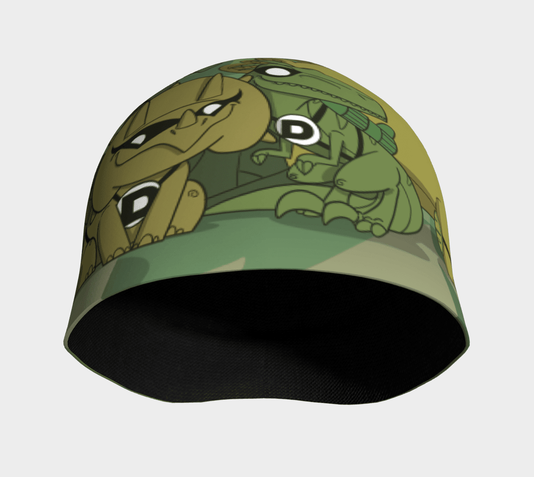 Interior view of the green dinosaur beanie showing its black bamboo lining.