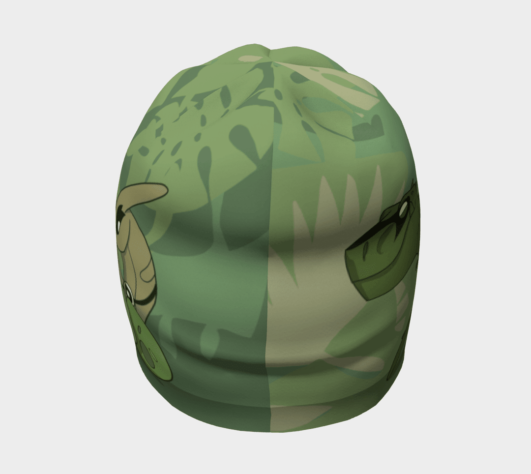 Front view of the green dinosaur beanie with a split camouflage and jungle pattern.