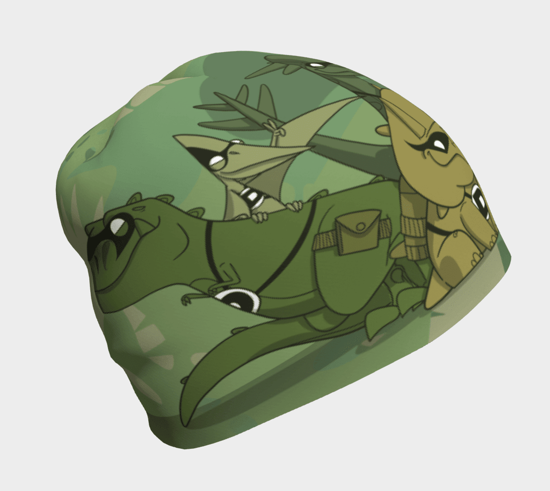 Green beanie with a fun dinosaur illustration featuring various prehistoric creatures.