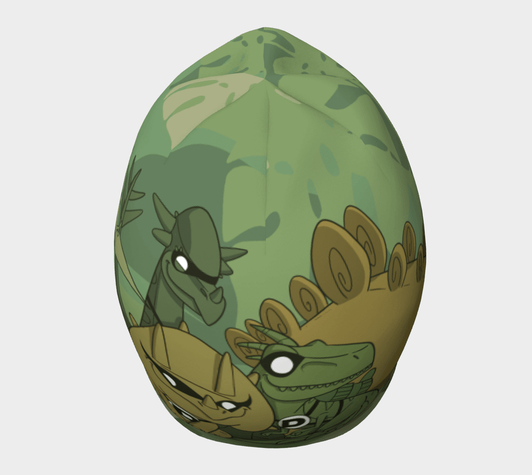 Top view of the green dinosaur beanie showcasing a close-up of the illustrated dinosaurs.