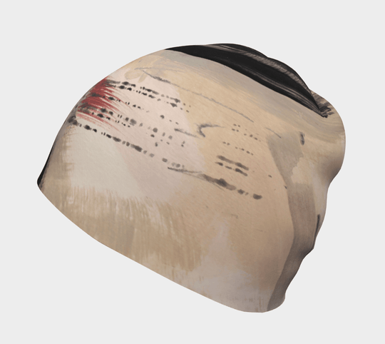 Side profile of the Vie en Rose Beanie, highlighting its unique painted pattern.