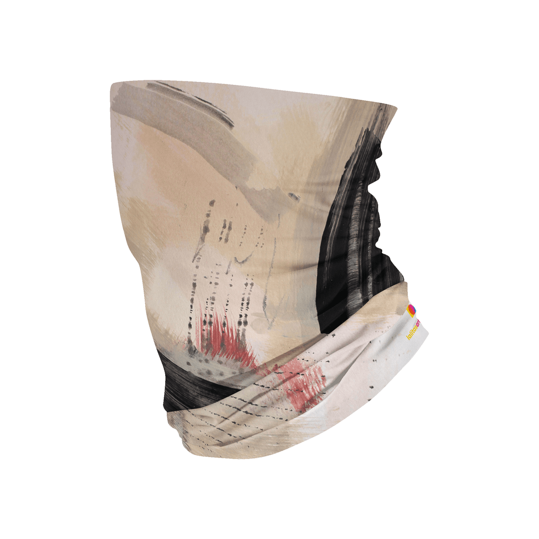 A multifunctional tube with a painted abstract design in beige, black, and red, shown with its texture and artistic details.