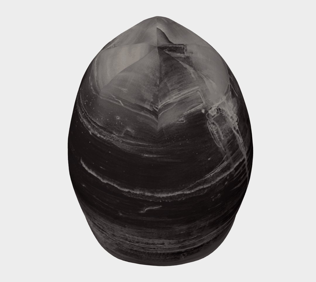 Wall Black Beanie top-down view displaying the pointed crown and bold swirling dark art print pattern