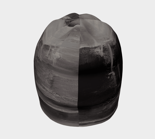 Wall Black Beanie rear top view showing the split composition of light grey and deep black art print panels
