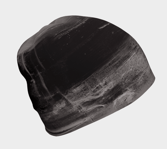 Wall Black Beanie side view showing deep black and grey brushstroke art print on a stretch bamboo-lined hat