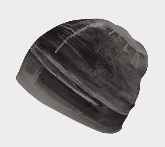Wall Black Beanie angled side view highlighting the layered grey and black mineral-inspired brushwork across the shell