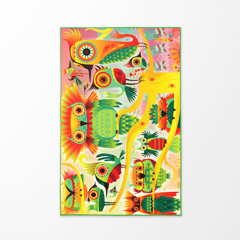 The vibrant, colorful side of the Wall of Birds towel shown flat, featuring a dense pattern of stylized birds and abstract shapes.