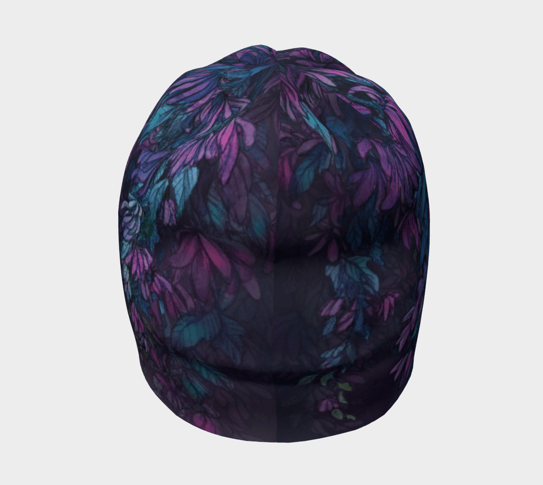 The top view of the Wisteria beanie, showcasing the full artistic floral pattern.