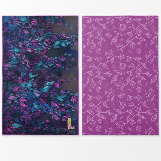 Towel showcasing a dark, dramatic wisteria floral design on one side and a light mauve floral pattern on the other.