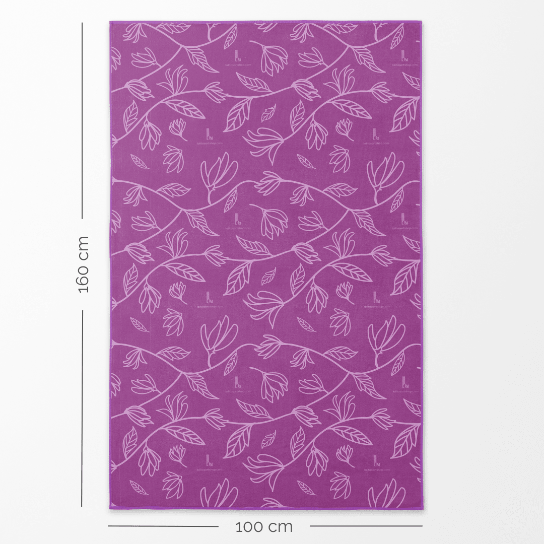Wisteria Luxury Microfiber Towel with dimensions 100 cm wide and 160 cm long indicated, showing the mauve pattern side.