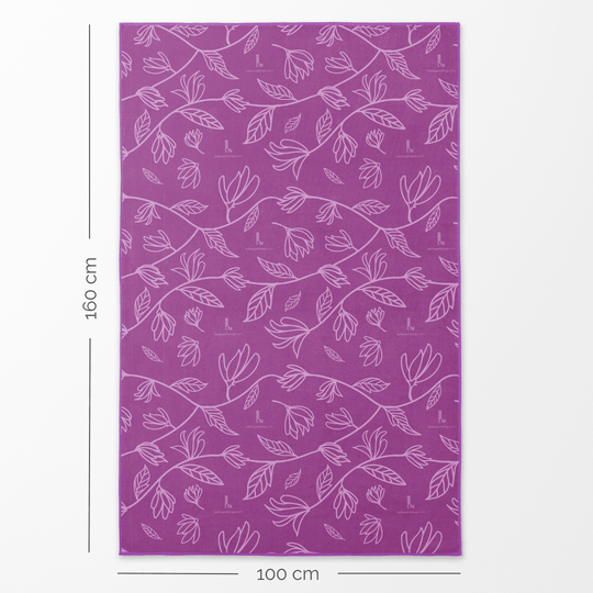 Wisteria Luxury Microfiber Towel with dimensions 100 cm wide and 160 cm long indicated, showing the mauve pattern side.