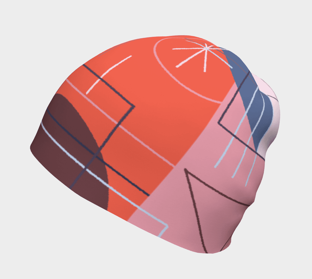 Women's pink and orange abstract graphic beanie, showing different angles.