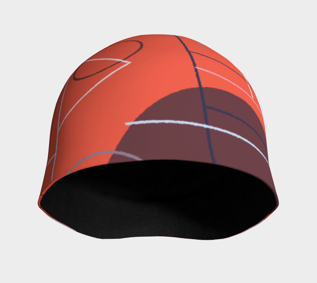 Inside view of a black lined pink and orange abstract graphic beanie.