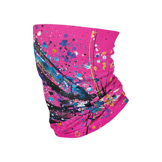 Pink multifunctional neck tube with a vibrant abstract paint splatter design.