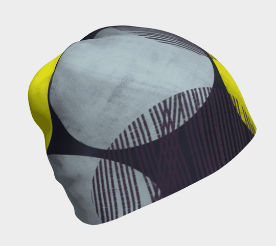 Yellow-Dots Beanie for Women, top view, showcasing abstract yellow, gray, and dark blue pattern.