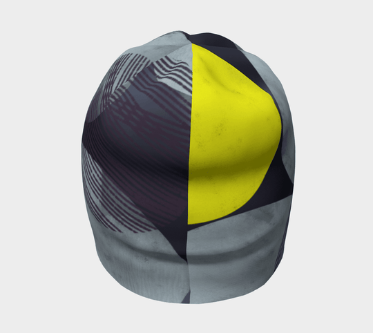 Yellow-Dots Beanie for Women, front view, with a split design of gray patterns and bright yellow.