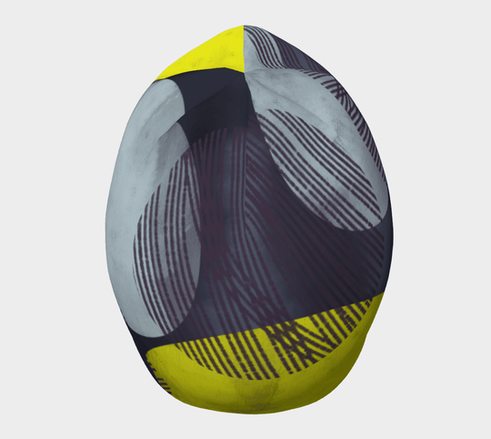 Close-up of the Yellow-Dots Beanie, illustrating the vibrant yellow and gray abstract design.