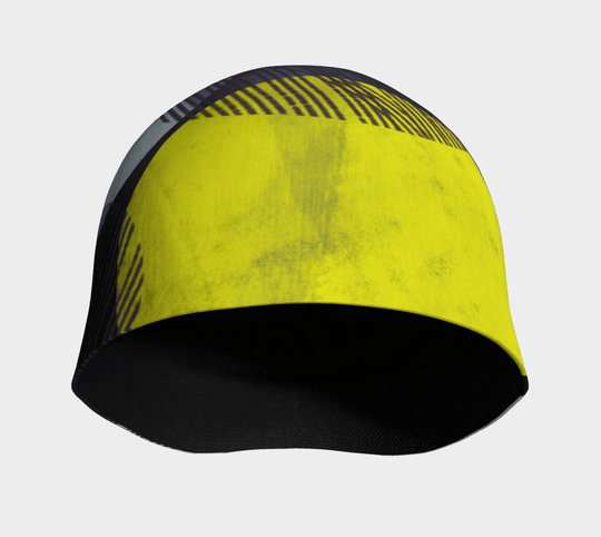 Inside view of the Yellow-Dots Beanie, showing the black lining and the yellow and gray exterior pattern.