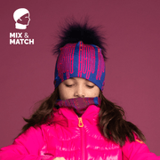 Girl wearing a blue, pink and orange beanie with matching neck tube.