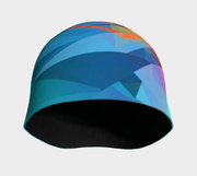 Front view of  the Fast triangle bamboo beanie with an abstract yellow, green and orange pattern. sports toque Beanie for men, women, boys and girls. 