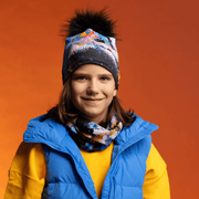 Kid wearing the Black and Blue Matrix Beanie with pompom by Megane Fortin for the Lalita's Art Shop 25 collection