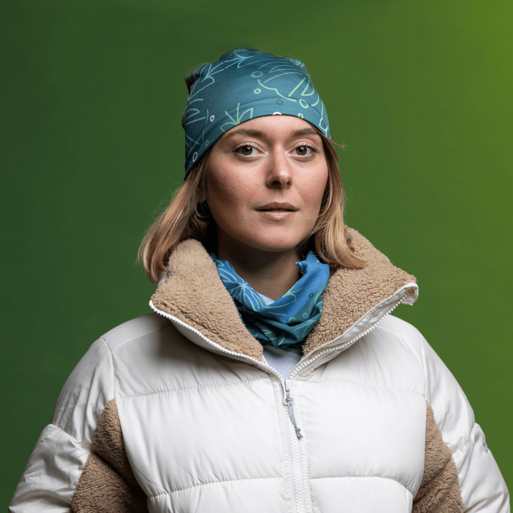 Woman wearing the Turquoise Wallpaper Bamboo Beanie from Valery Goulet for the Lalita&